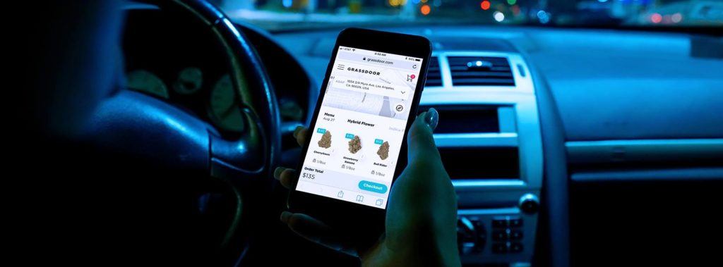 Cannabis deliver services can offer convenient ways to browse options when it comes to vaping alternqtives. Photo: A person looks at the Grassdoor app in a car.